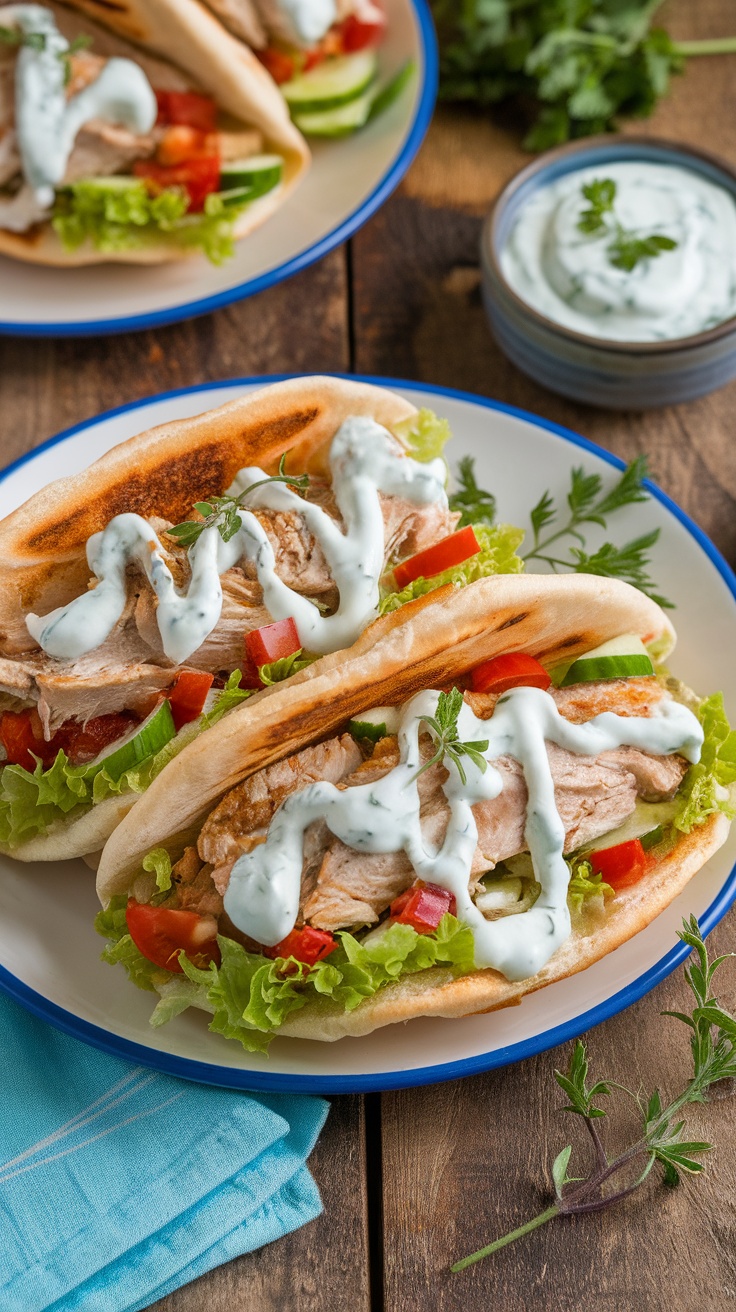 Mediterranean chicken pitas filled with roasted chicken, lettuce, tomatoes, and tzatziki sauce on a wooden table.